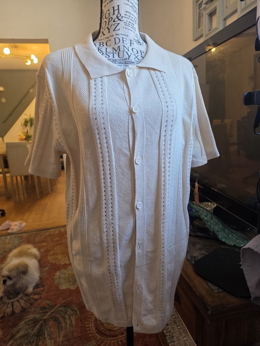 Cream Button-Up Knit Polo Top